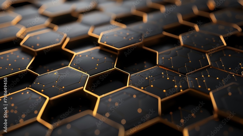 Minimalist yet luxurious design of thin gold hexagonal lines forming an elegant network on a dark, black canvas Minimalist yet luxurious design of thin gold hexagonal lines forming an elegant network on a dark, black canvas