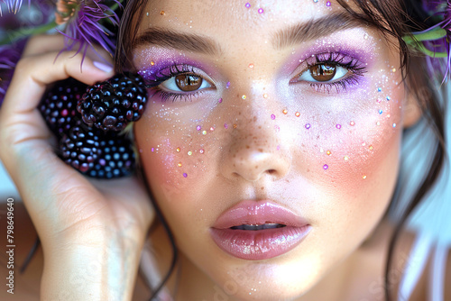 Young woman with bright make up and blackberry close up portrait, beautiful caucasian woman with drops and sparkles on her face
