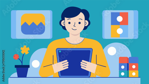A person with autism easily accesses teletherapy on their tablet eliminating the stress of unfamiliar inperson appointments.. Vector illustration