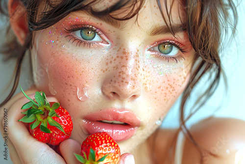 Young woman with bright make up and strawberry close up portrait, beautiful caucasian woman