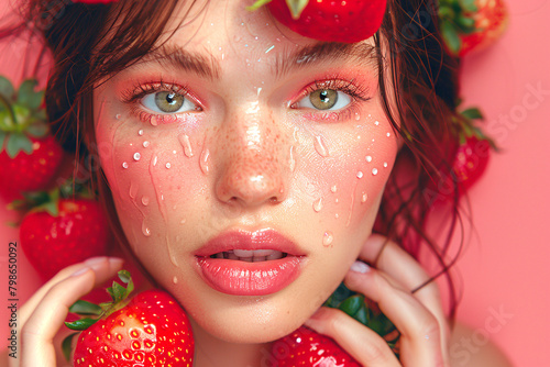 Young woman with bright make up and strawberry close up portrait, beautiful caucasian woman