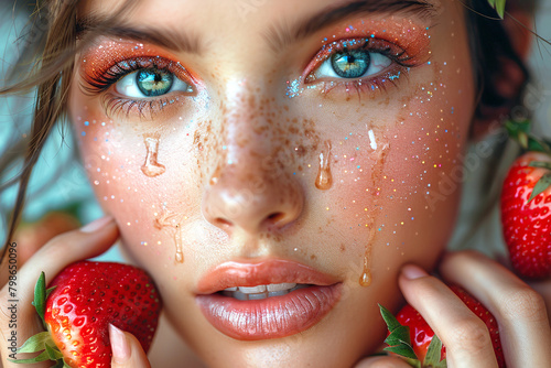 Young woman with bright make up and strawberry close up portrait, beautiful caucasian woman with drops and sparkles on her face