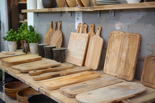 Modern Kitchen Display on Wood Table Top with Empty Wooden Boards © Michael