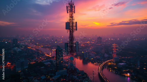 Antenna communication technology with city background. Communication tower connect to data of smart city.