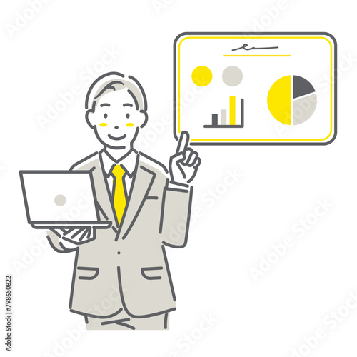 データを示して説明する男性社員　シンプルでお洒落な線画イラスト