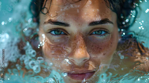 Close-up of a serene young woman's face partially underwater, surrounded by bubbles and a tranquil, reflective surface.
