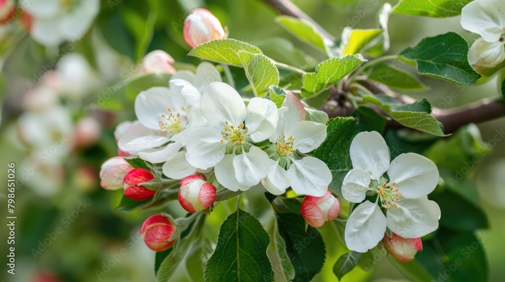 Obraz premium Blooming apple orchards in spring with pretty white flowers against vibrant green scenery