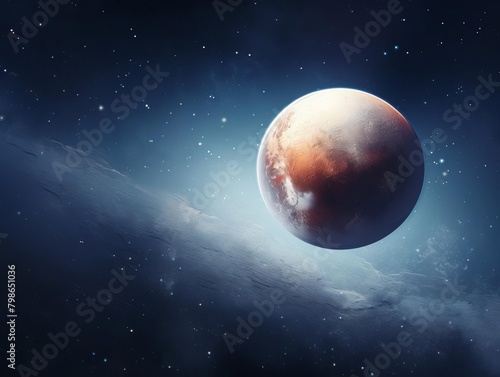 Minimalist illustration of Pluto in space  showing its icy surface and heartshaped Tombaugh Regio  set against a backdrop of distant stars