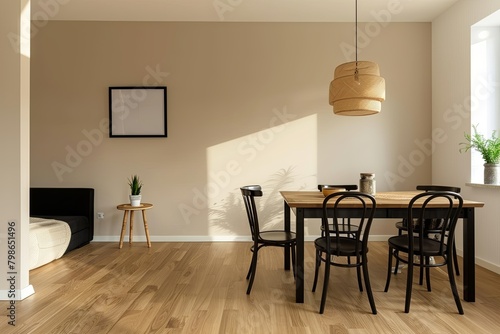 Modern Apartment Interior: Minimalist dining room and living room panorama with elegant black furniture, wooden floor, and cozy decor