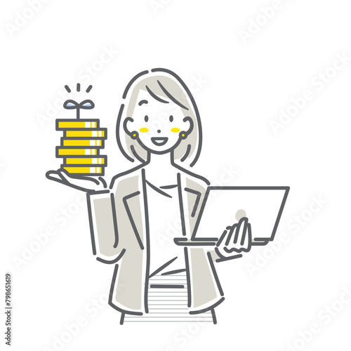 資産運用をサポートする女性ファイナンシャルプランナー　シンプルでお洒落な線画イラスト