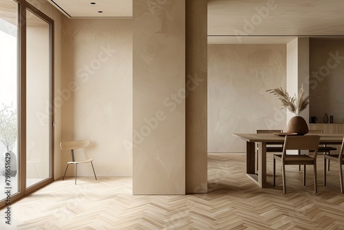 Modern Apartment Dining Room  Minimalist Design  Herringbone Floor  Contemporary Decor and Stylish Chair