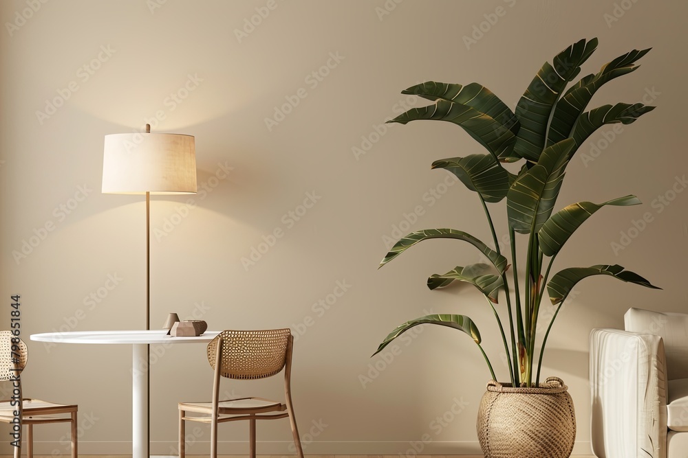 Modern Elegant Dining Area in Apartment with Large Potted Plant and Stylish Lamp Modern Elegant Dining Area in Apartment with Large Potted Plant and Stylish Lamp