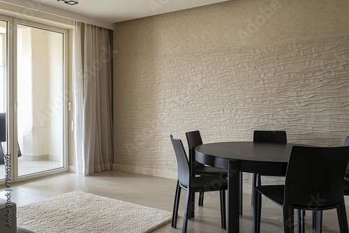 Modern Apartment Dining Area  Stylish Black Set in Beige Interior Panorama