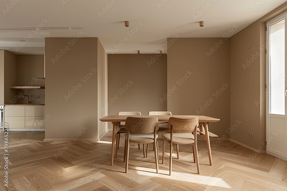Modern Minimalist Dining Area: Wooden Herringbone Floor, Table and Chairs, Empty Living Room, Beige Wall Panorama with Contemporary Decoration and Bright Dining Table Modern Minimalist Dining Area: Wooden Herringbone Floor, Table and Chairs, Empty Living Room, Beige Wall Panorama with Contemporary Decoration and Bright Dining Table