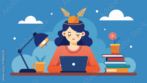 A writer wearing a device on her head experiencing a boost in creativity and focus as she works on her latest novel..