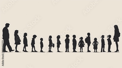 A line of diverse people, from children to elderly, standing in a queue, depicted as vector silhouettes against a minimalist background