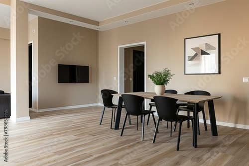Modern Minimalist Dining Area: Wooden Flooring, Black Chairs, Beige Wall Panorama © Michael