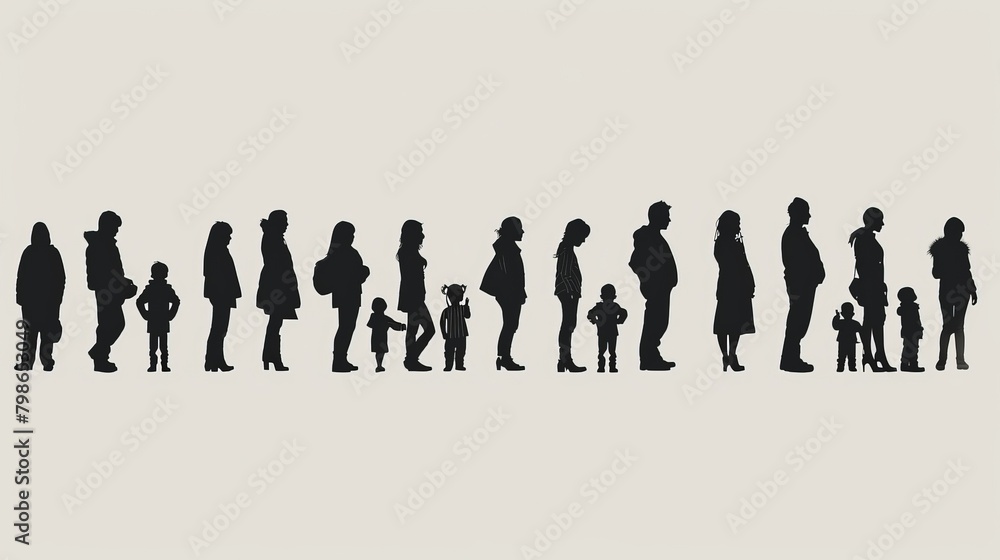 A line of diverse people, from children to elderly, standing in a queue, depicted as vector silhouettes against a minimalist background A line of diverse people, from children to elderly, standing in a queue, depicted as vector silhouettes against a minimalist background