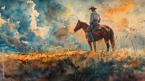 A cowboy is riding on a horse in a field. The background is a stormy sky.