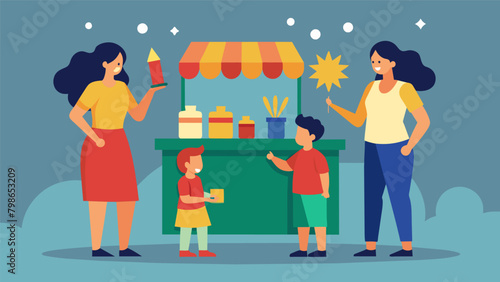 A mother and her children huddle around a firework stand carefully inspecting each option before making their final selections.. Vector illustration
