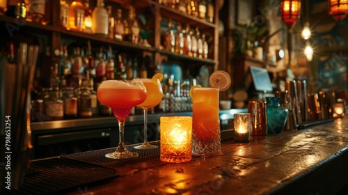 The image shows a row of colorful fruit cocktails lined up on a brightly lit bar. The bar appears to be made of a light colored wood, Behind the cocktails is a vertical row of liquor bottles. AIG42.