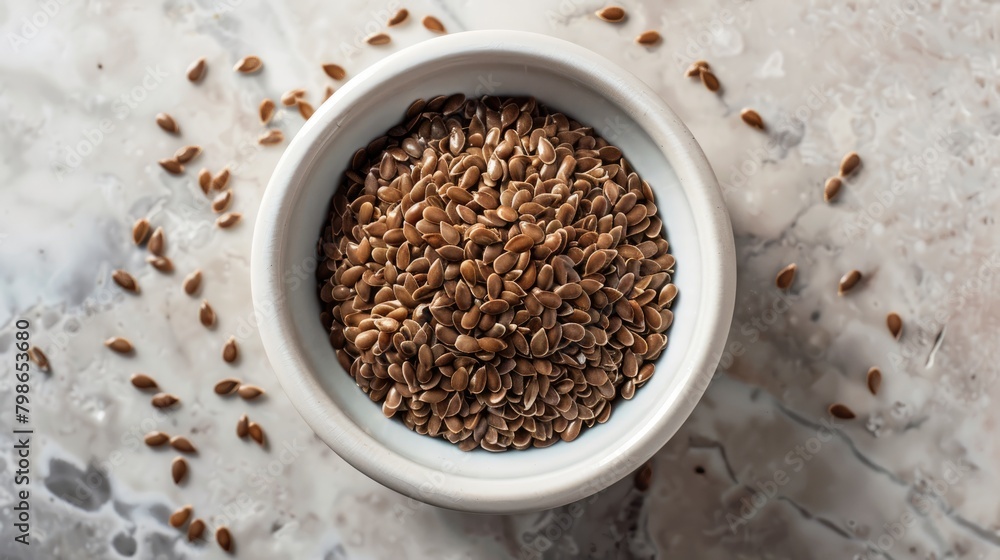 White bowl with whole flax seeds from above White bowl with whole flax seeds from above
