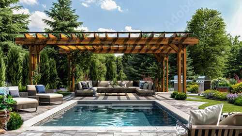 Front view of backyard cozy living space with decorative plants, outdoor furniture next to swimming pool under wooden brown pergola in style of traditional designs.