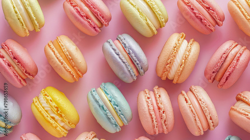 Wallpaper Mural Full-frame image of multitude of colorful pastel French macaroons, tightly fitting to each other and standing at the ends. Top view. Banner has pale pink background. Close up. Torontodigital.ca
