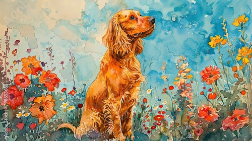 A watercolor painting of a cocker spaniel sitting in a field of flowers.