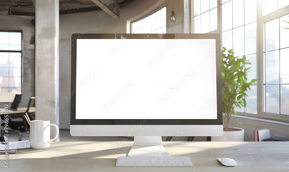 Fototapeta premium Blank computer screen on work desk in a light modern office