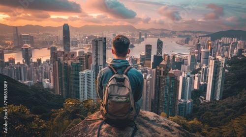 A lone backpacker admiring the sprawling cityscape of Hong Kong from Victoria Peak photo