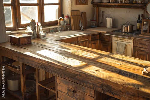 Wooden Product Display Table in Rustic Kitchen Setting