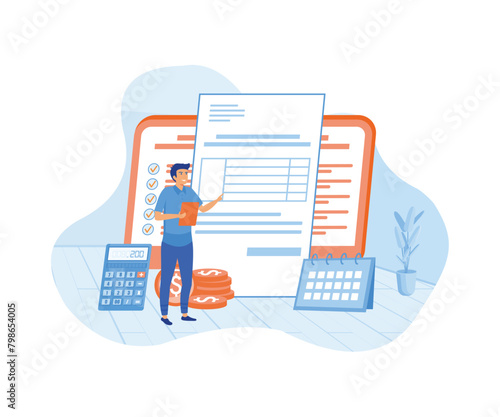 Payroll money statement and work salary payment balance concept. Financial wage calculation and job checkout analysis. Annual tax receipt and budget planning process. flat vector modern illustration