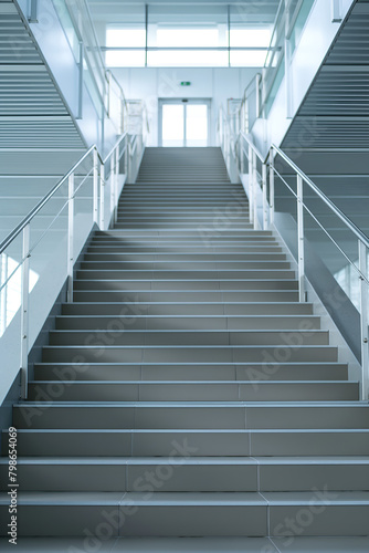 Long staircase with railings in a modern building