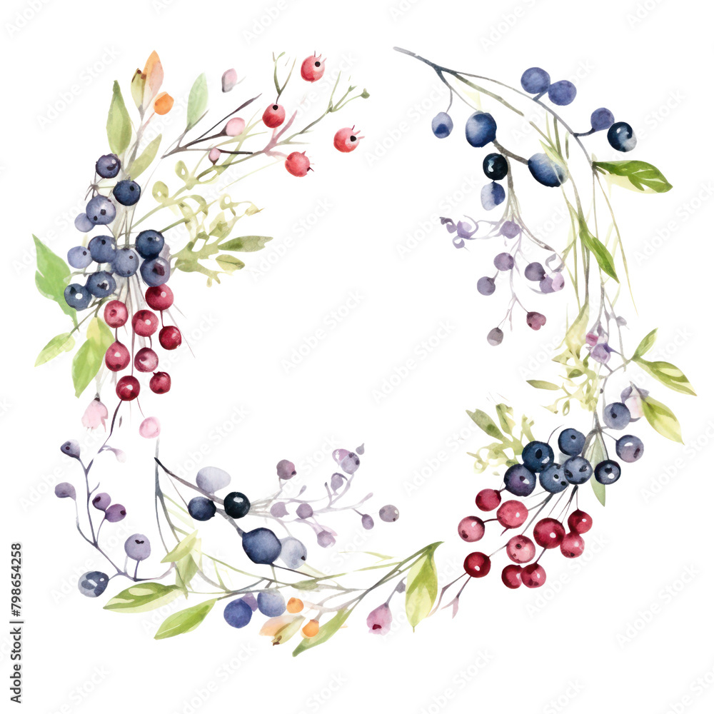 A watercolor painting of a wreath of blueberries, blackberries, and red currants. A watercolor painting of a wreath of blueberries, blackberries, and red currants.