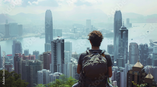A lone backpacker admiring the sprawling cityscape of Hong Kong from Victoria Peak © Sasint