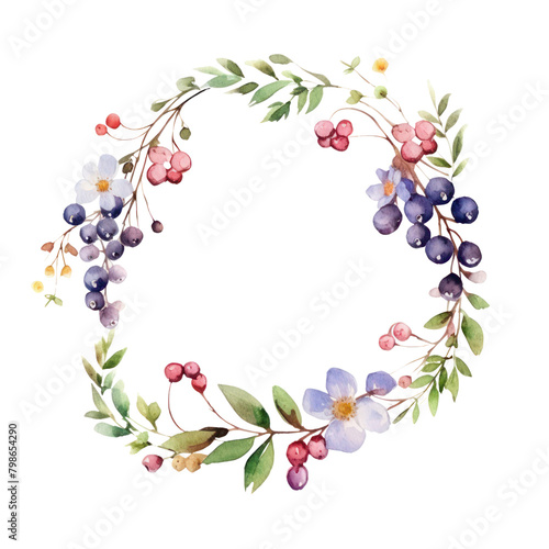 A watercolor painting of a wreath of flowers and berries.