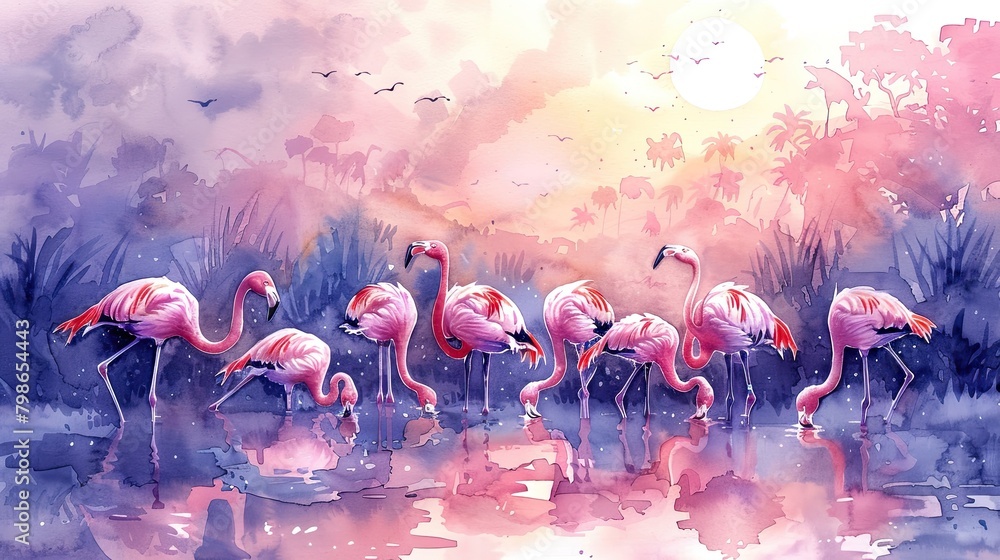 Obraz premium A watercolor painting of pink flamingos in a blue pond at sunset.