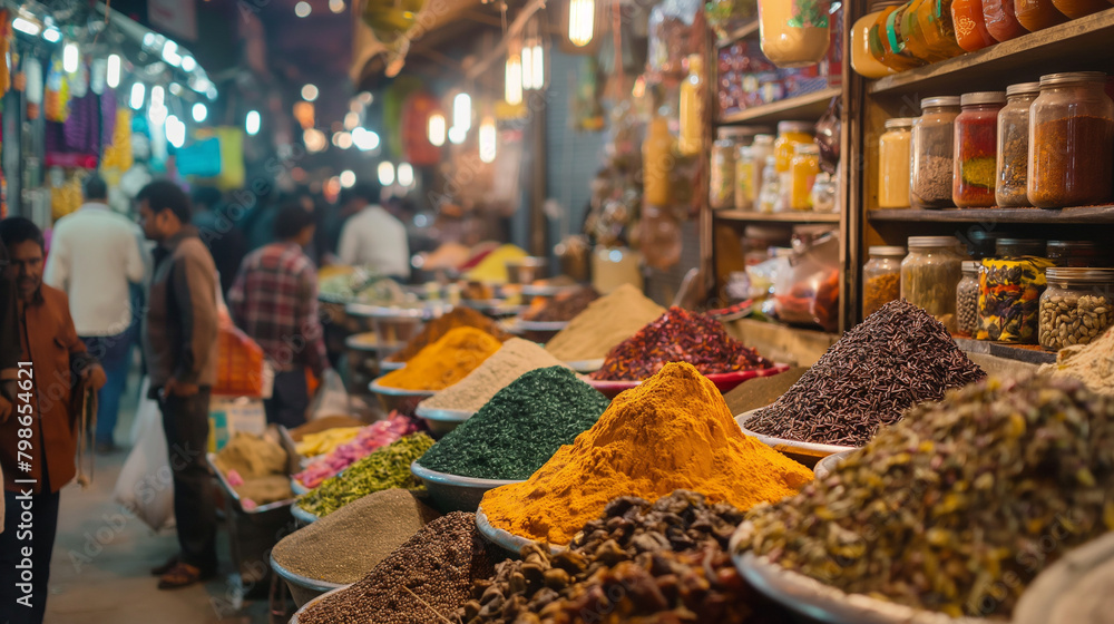 There are several large bowls of colorful spices in the front with people walking in the background.

