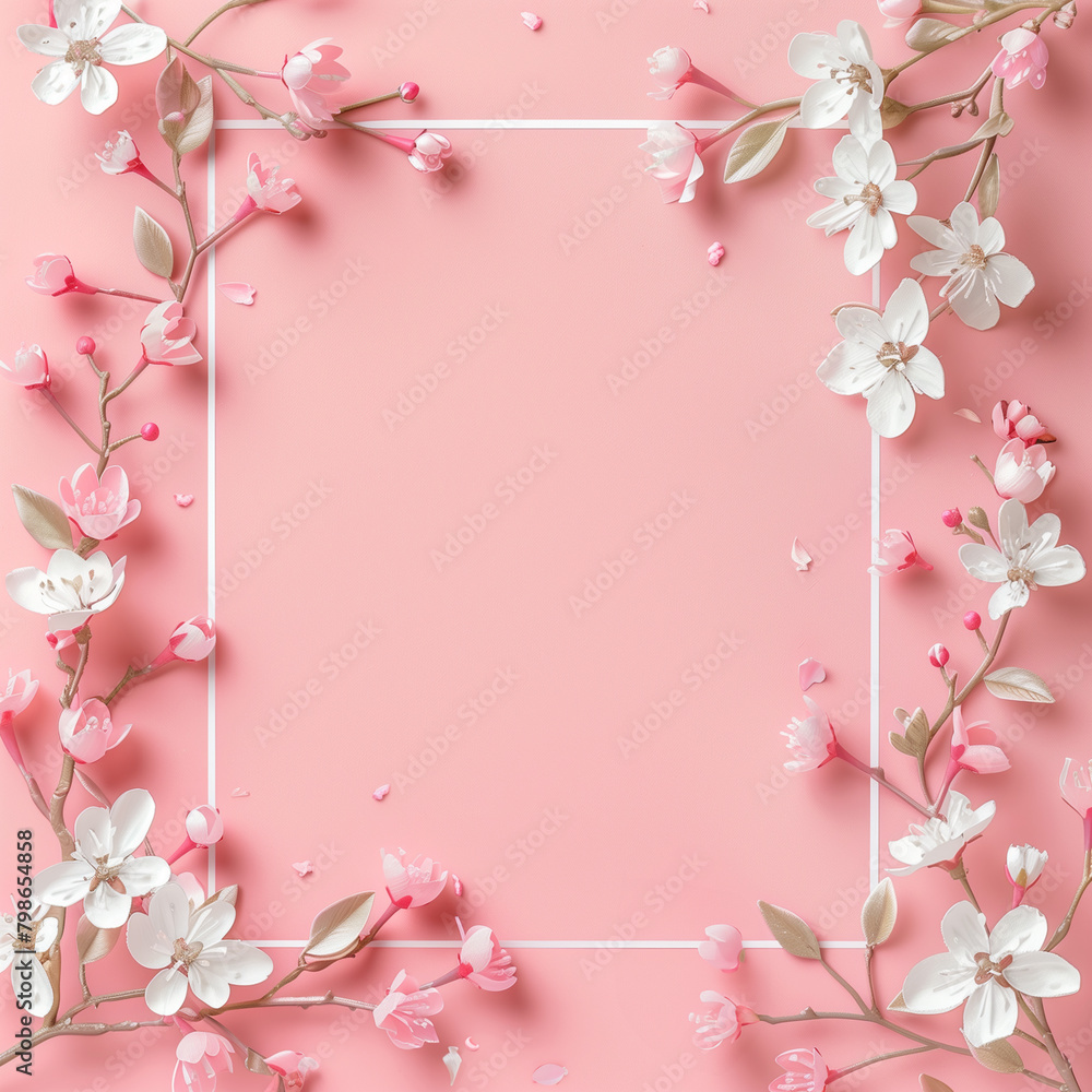 분홍색 배경위에 놓여진 꽃과 프레임