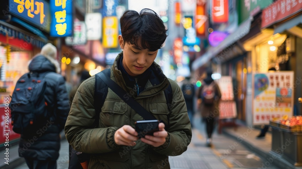 A male traveler using a smartphone to navigate through the bustling streets of Seoul A male traveler using a smartphone to navigate through the bustling streets of Seoul