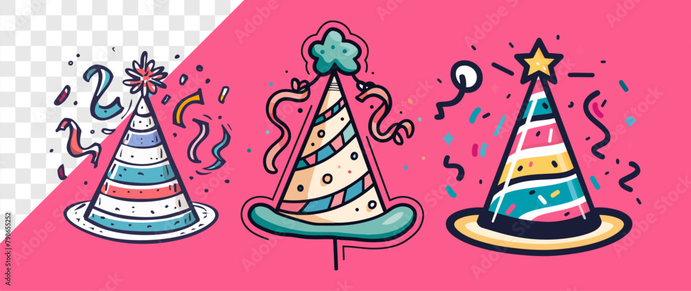 Three festive party hats with various patterns and decorations like stars and streamers on a split background Three festive party hats with various patterns and decorations like stars and streamers on a split background