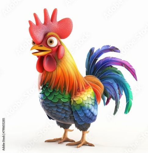   A rooster with a multicolored body stands on one leg The other leg is hidden His head sports a red comb © Jevjenijs