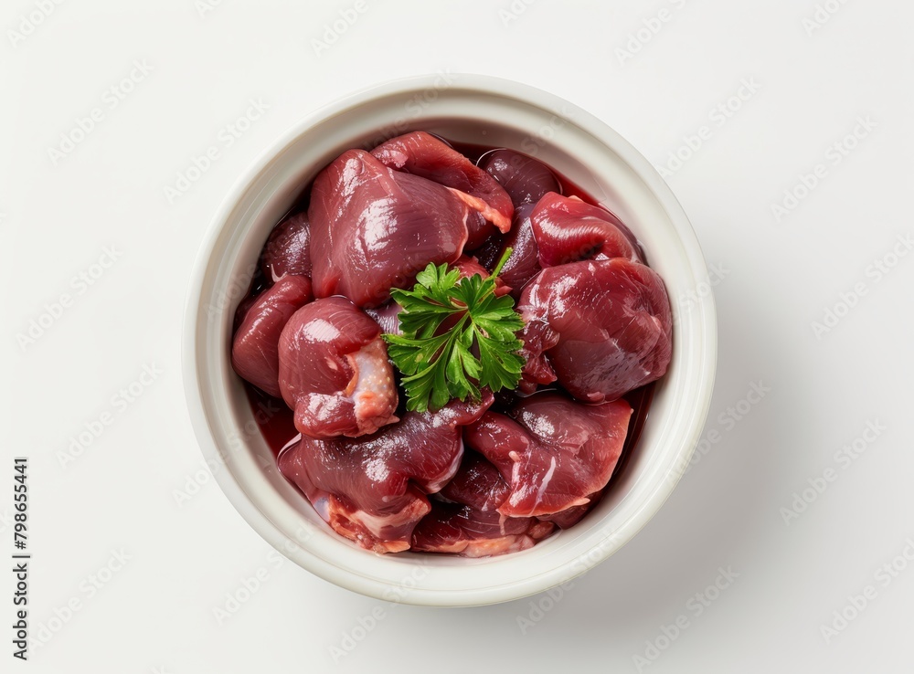 A white bowl holds raw meat, garnished with a tiny green parsley sprig A white bowl holds raw meat, garnished with a tiny green parsley sprig