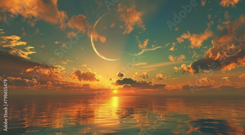   A large body of water beneath a cloudy sky with a crescent moon halfway hidden photo
