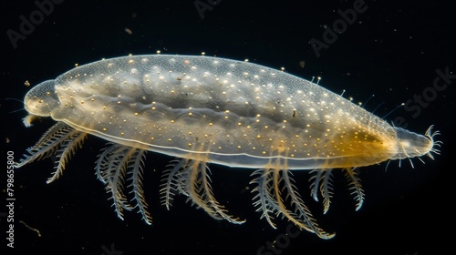  A jellyfish in tight focus against a black backdrop, speckled with light points on its body and head