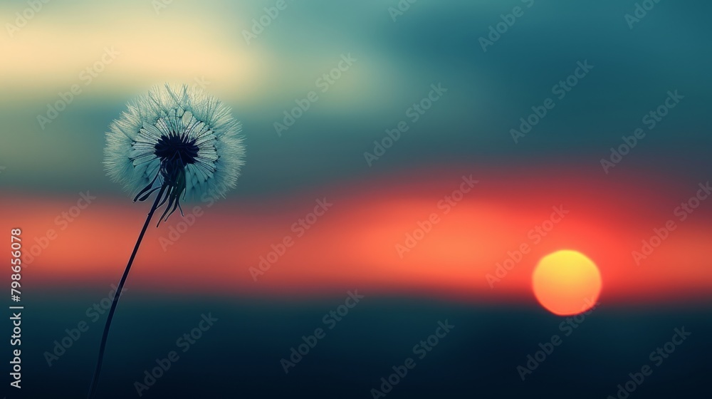   A dandelion in the foreground with the sun setting behind, a blurred sky above