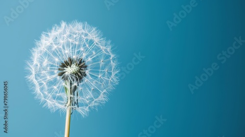  A dandelion flutters in the wind against a clear blue sky
