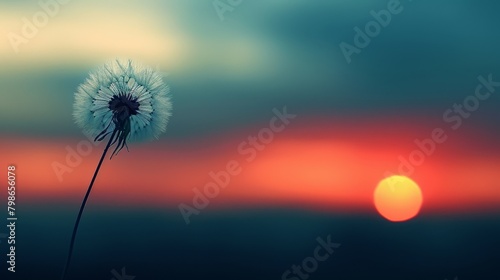   A dandelion in the foreground with the sun setting behind  a blurred sky above