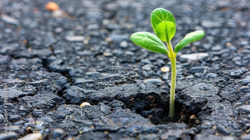   A tiny green shoot emerges from a fissure in a dusty road's surface